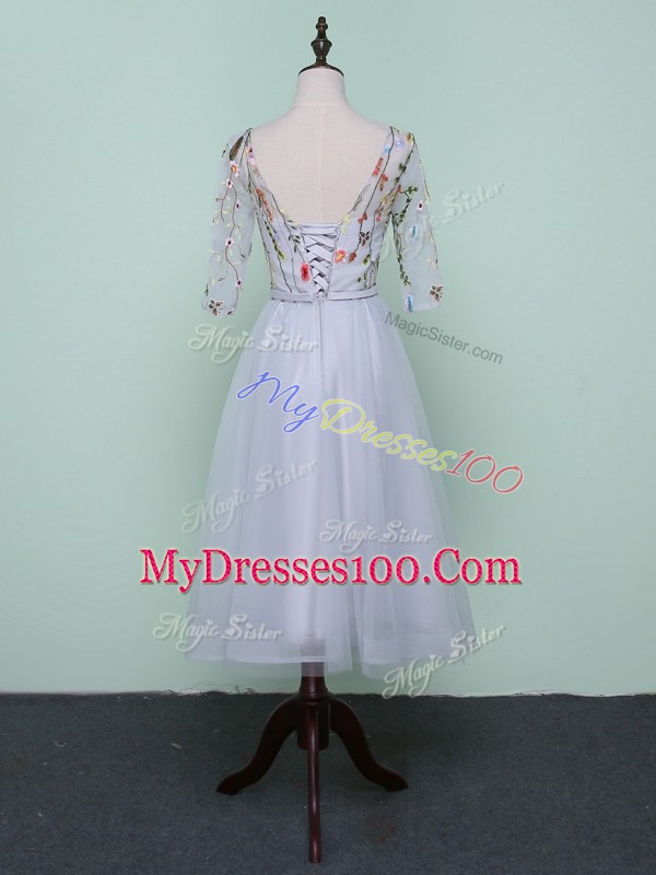 Luxurious Teal Bridesmaids Dress Wedding Party with Embroidery Scoop Half Sleeves Lace Up