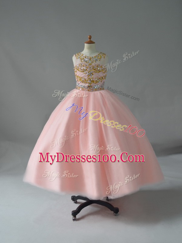 Sleeveless Floor Length Beading Backless Kids Pageant Dress with Pink
