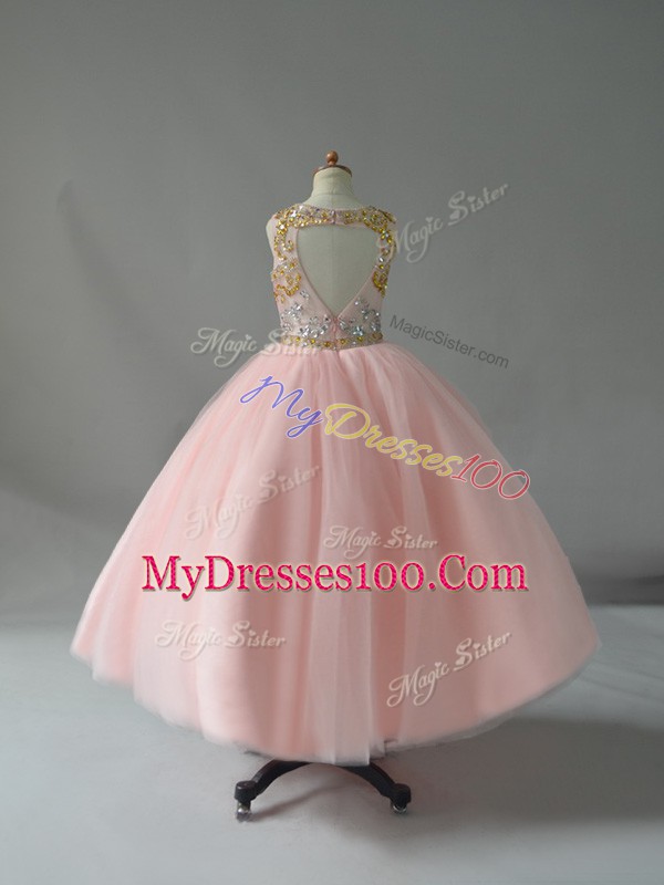 Sleeveless Floor Length Beading Backless Kids Pageant Dress with Pink