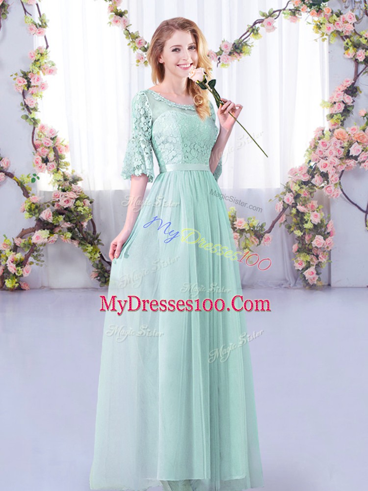 Affordable Light Blue Tulle Side Zipper Scoop Half Sleeves Floor Length Wedding Party Dress Lace and Belt
