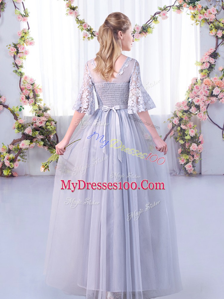 Affordable Light Blue Tulle Side Zipper Scoop Half Sleeves Floor Length Wedding Party Dress Lace and Belt