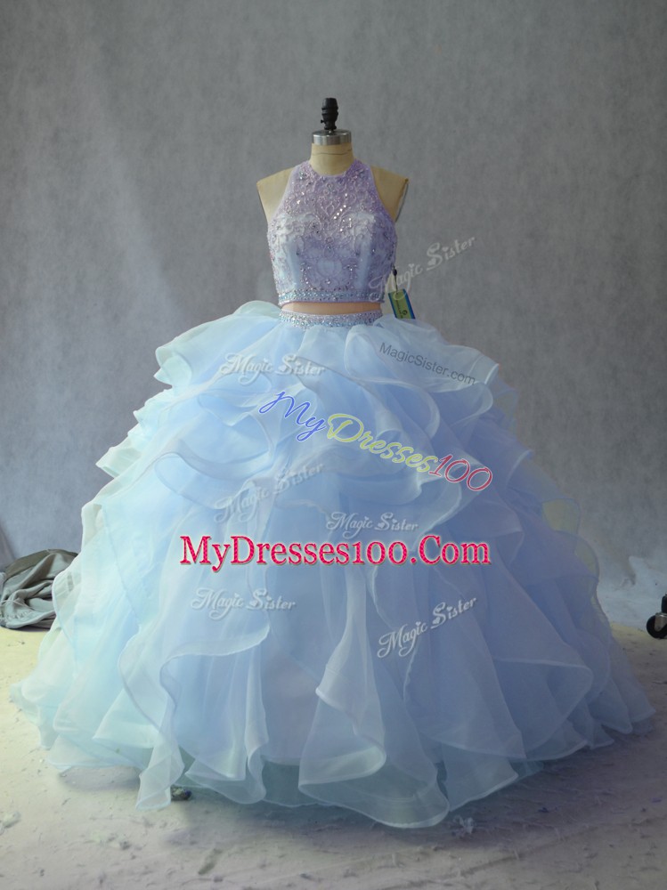 Blue Backless Halter Top Sleeveless Quinceanera Gowns Beading and Ruffles