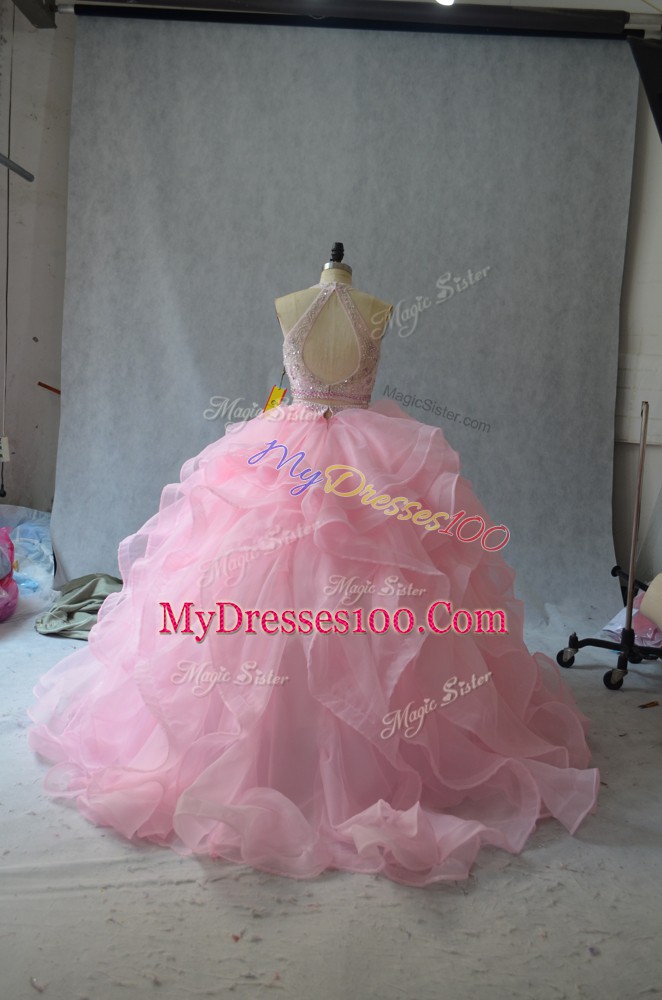 Blue Backless Halter Top Sleeveless Quinceanera Gowns Beading and Ruffles
