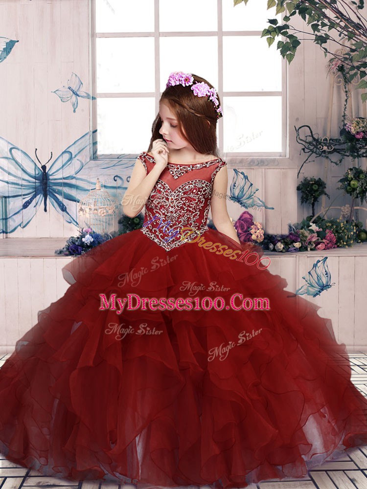 Red Pageant Dress for Womens Party and Sweet 16 and Wedding Party with Beading and Ruffles Scoop Sleeveless Lace Up