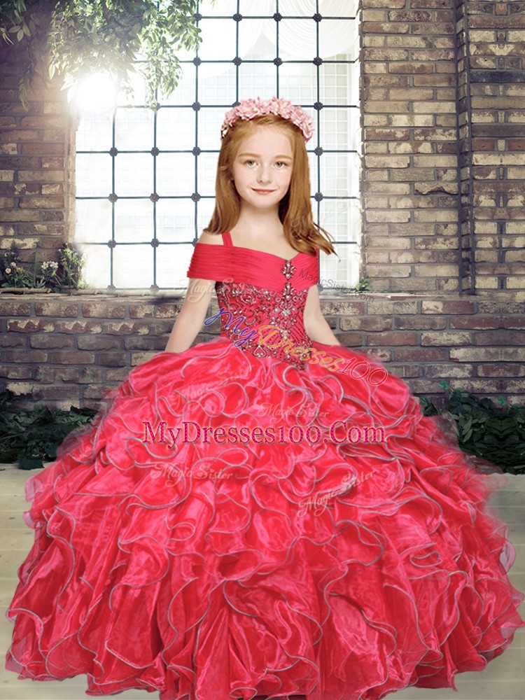 Red Ball Gowns Straps Sleeveless Organza Floor Length Lace Up Beading and Ruffles High School Pageant Dress