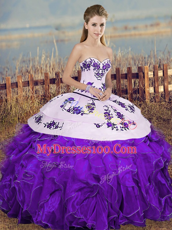 Super White And Purple Lace Up Sweet 16 Dress Embroidery and Ruffles and Bowknot Sleeveless Floor Length