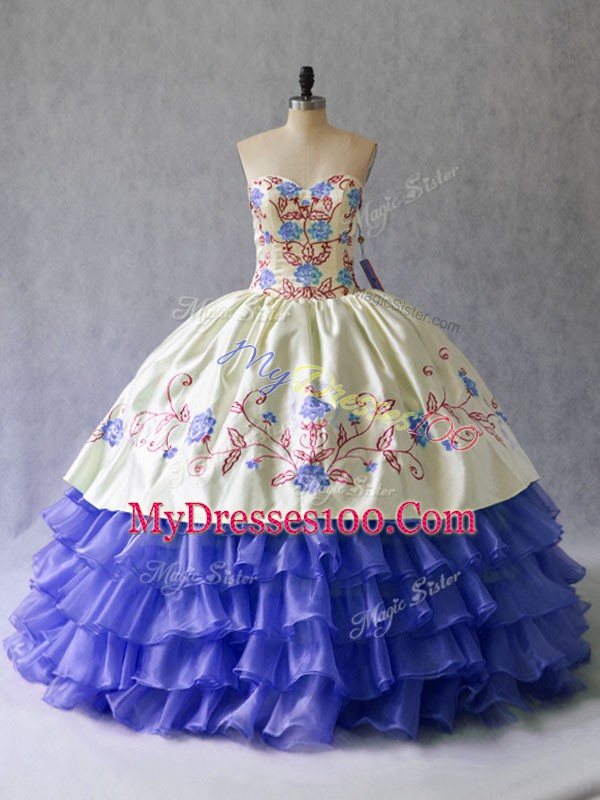 Blue Sleeveless Floor Length Beading and Embroidery Lace Up Quinceanera Dress