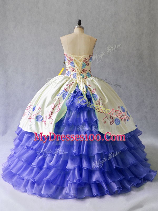 Blue Sleeveless Floor Length Beading and Embroidery Lace Up Quinceanera Dress