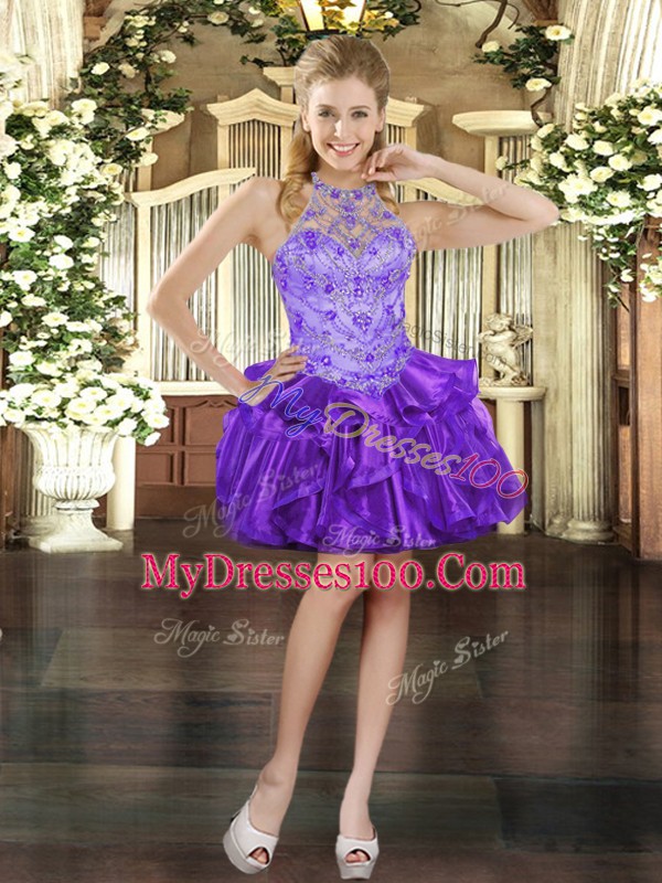Elegant Purple Ball Gowns Organza Halter Top Sleeveless Beading and Ruffles Mini Length Lace Up Dress for Prom
