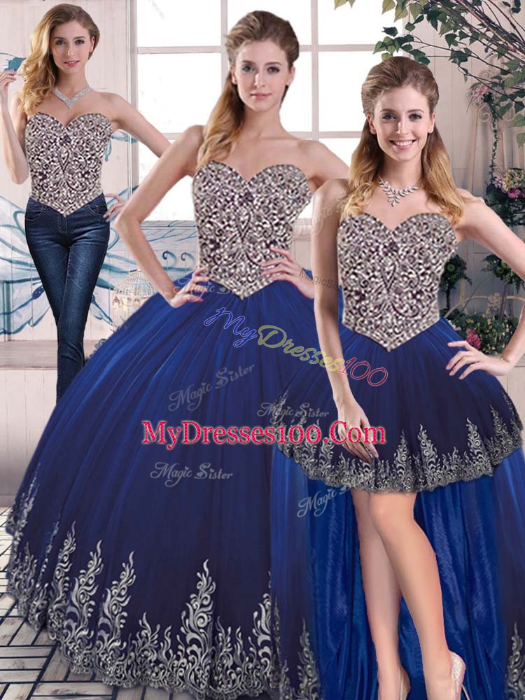 Sweetheart Sleeveless Quinceanera Gowns Floor Length Embroidery Royal Blue Tulle