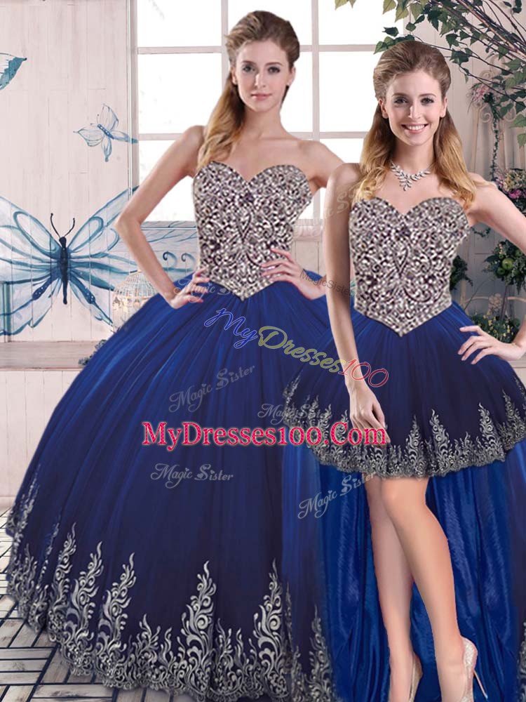 Sweetheart Sleeveless Quinceanera Gowns Floor Length Embroidery Royal Blue Tulle