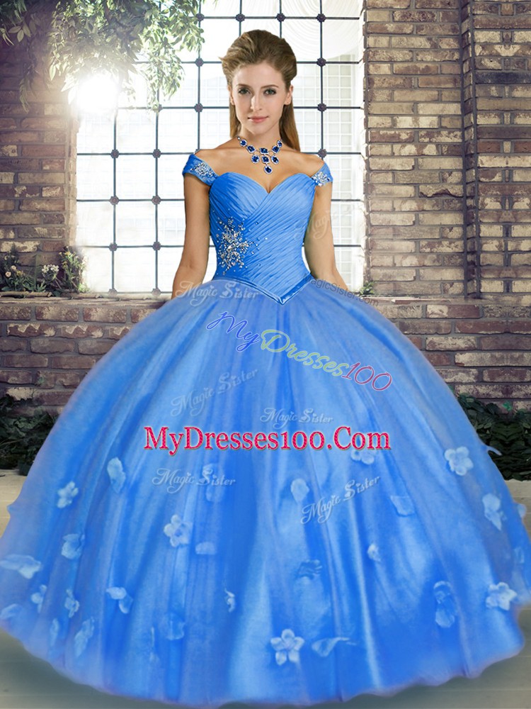 Classical Floor Length Baby Blue Quinceanera Dress Off The Shoulder Sleeveless Lace Up