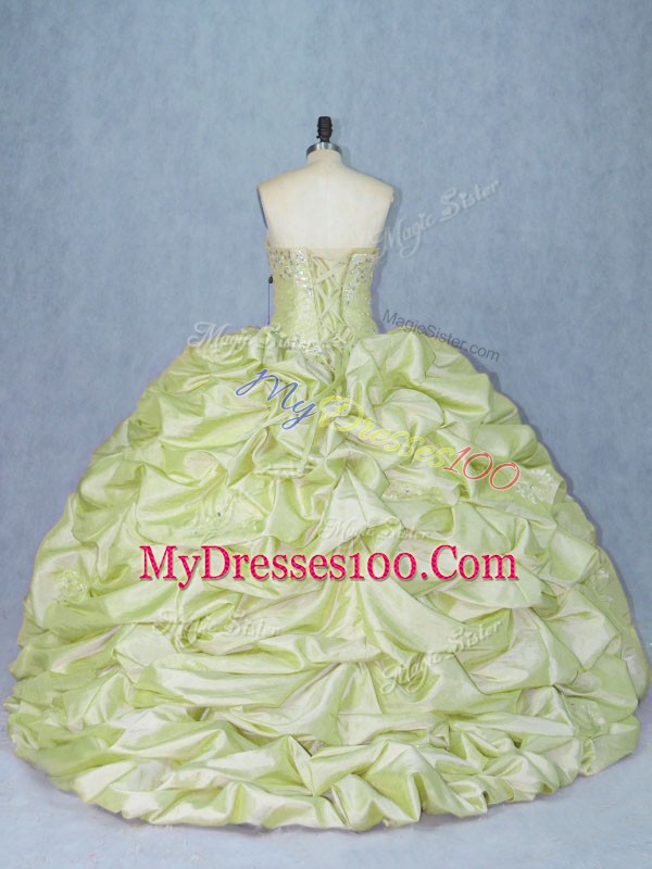 Low Price Sleeveless Brush Train Lace Up Beading and Appliques Quince Ball Gowns