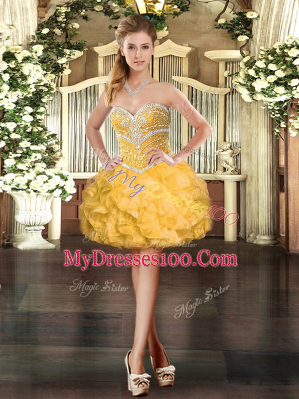 Gold Sleeveless Beading and Ruffles Mini Length High School Pageant Dress
