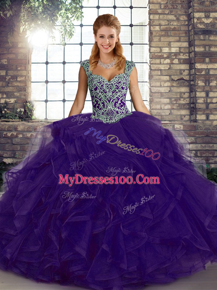 Beautiful Purple Straps Lace Up Beading and Ruffles Quinceanera Dress Sleeveless