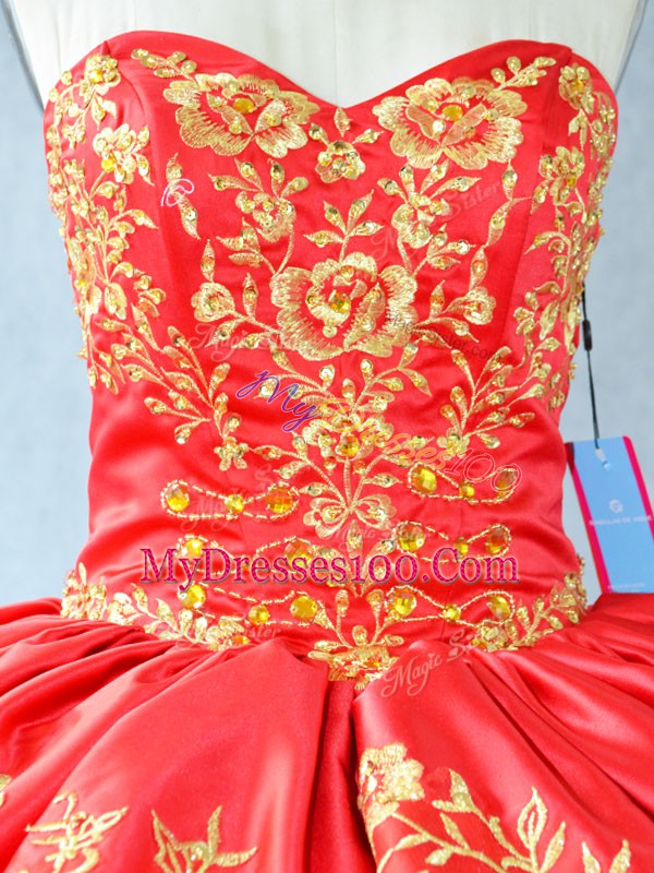 Free and Easy Sleeveless Floor Length Embroidery and Ruffled Layers Lace Up Quinceanera Gown with Red