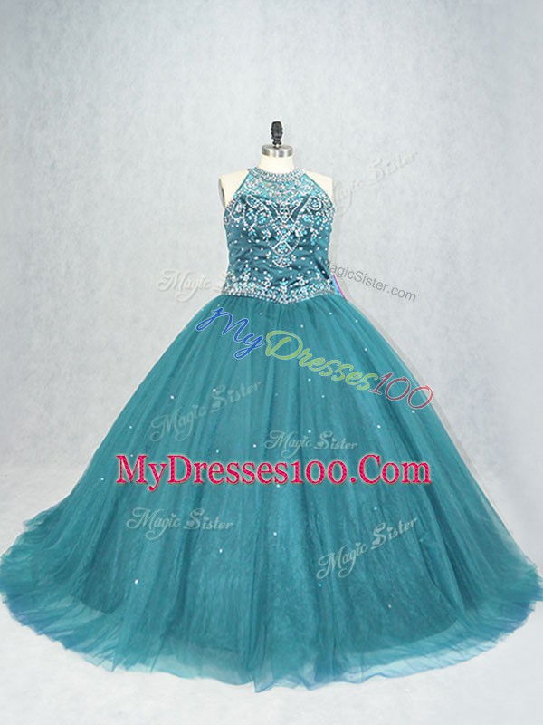 Brush Train Ball Gowns Ball Gown Prom Dress Teal Scoop Tulle Sleeveless Lace Up