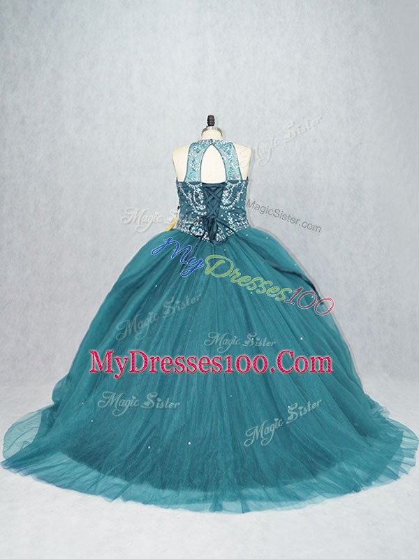 Brush Train Ball Gowns Ball Gown Prom Dress Teal Scoop Tulle Sleeveless Lace Up