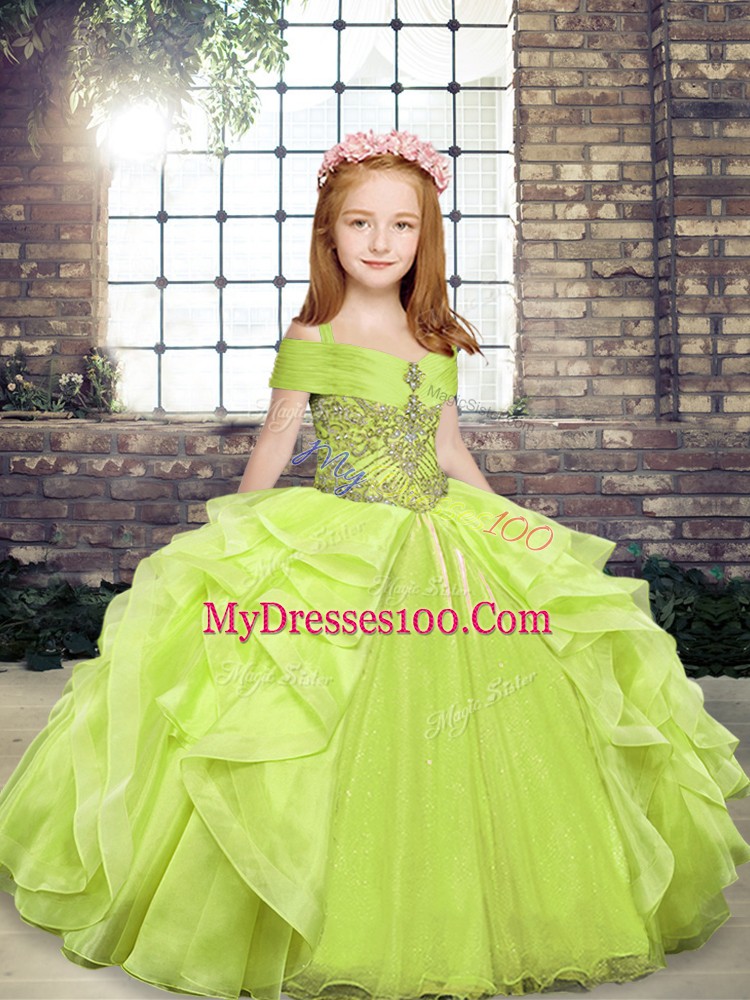 Organza Straps Sleeveless Lace Up Beading and Ruffles Child Pageant Dress in Yellow Green