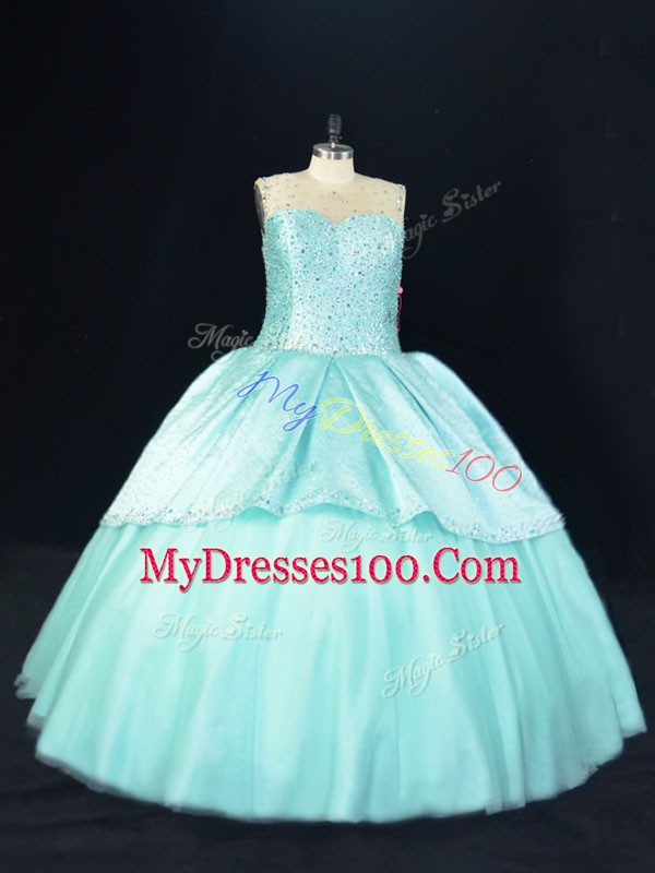 Romantic Aqua Blue Ball Gowns Beading Quinceanera Dress Lace Up Satin and Tulle Sleeveless Floor Length