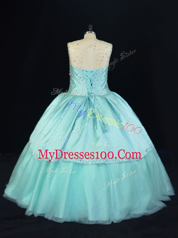Romantic Aqua Blue Ball Gowns Beading Quinceanera Dress Lace Up Satin and Tulle Sleeveless Floor Length