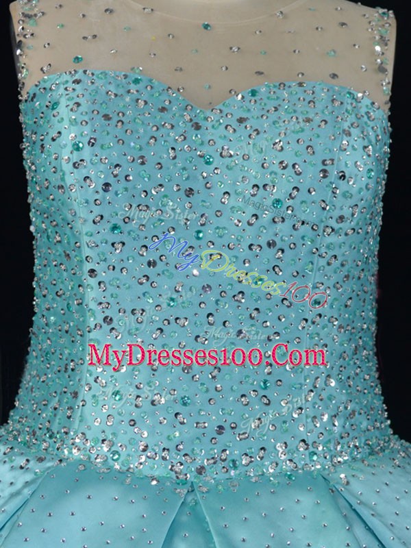 Romantic Aqua Blue Ball Gowns Beading Quinceanera Dress Lace Up Satin and Tulle Sleeveless Floor Length