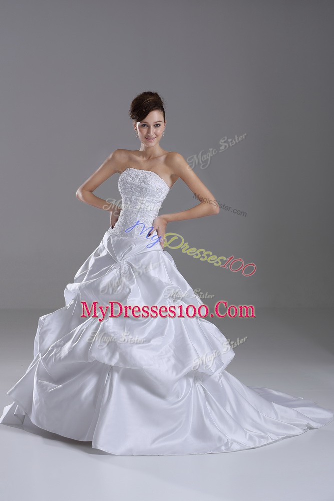 Perfect White Strapless Neckline Beading and Pick Ups Wedding Dress Sleeveless Lace Up