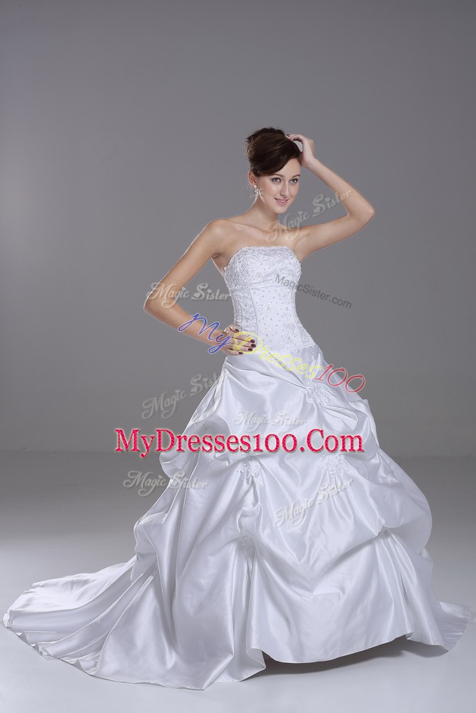 Perfect White Strapless Neckline Beading and Pick Ups Wedding Dress Sleeveless Lace Up