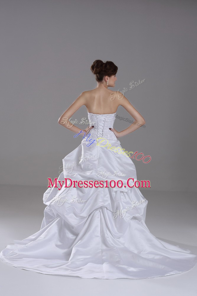 Perfect White Strapless Neckline Beading and Pick Ups Wedding Dress Sleeveless Lace Up