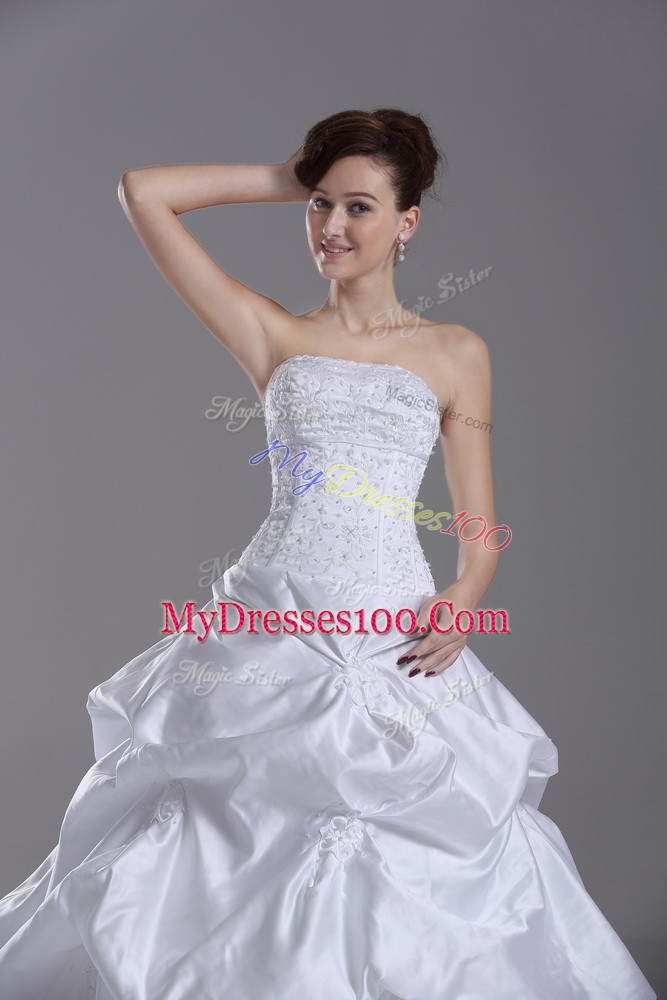 Perfect White Strapless Neckline Beading and Pick Ups Wedding Dress Sleeveless Lace Up
