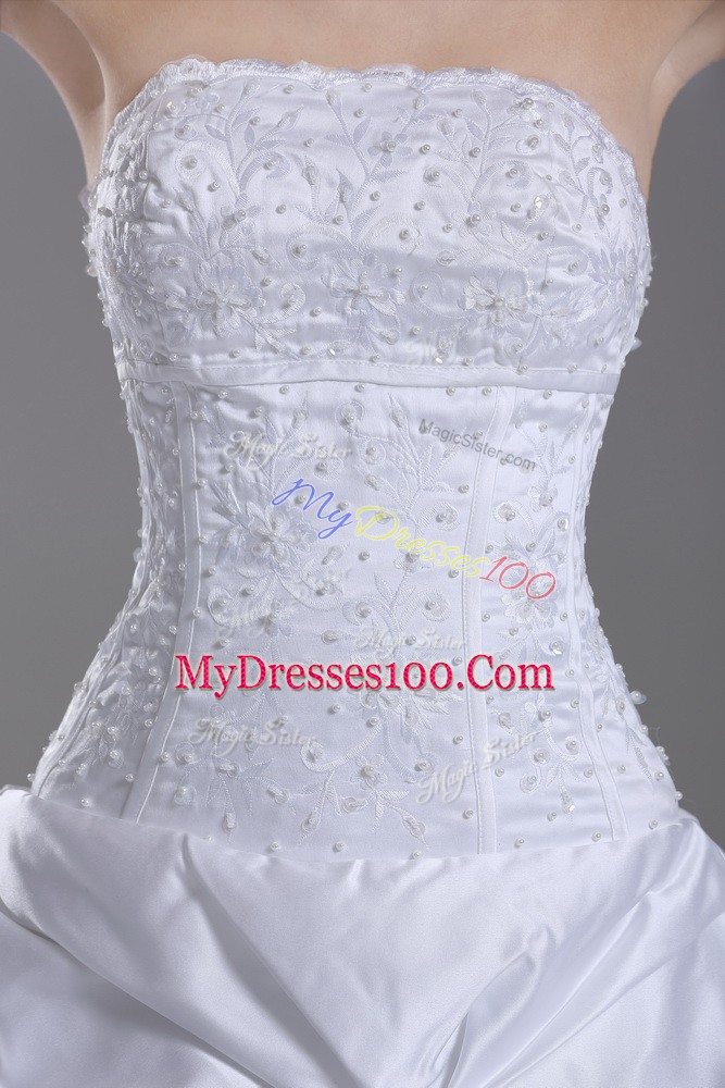 Perfect White Strapless Neckline Beading and Pick Ups Wedding Dress Sleeveless Lace Up