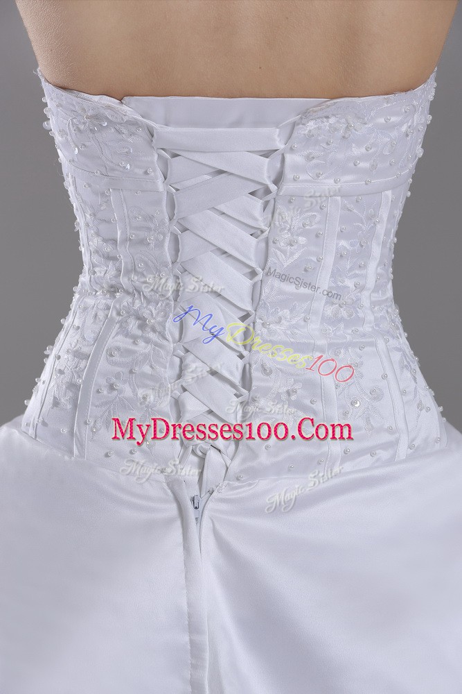 Perfect White Strapless Neckline Beading and Pick Ups Wedding Dress Sleeveless Lace Up