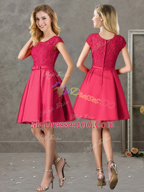 Red Satin Zipper Bridesmaid Dress Short Sleeves Mini Length Lace