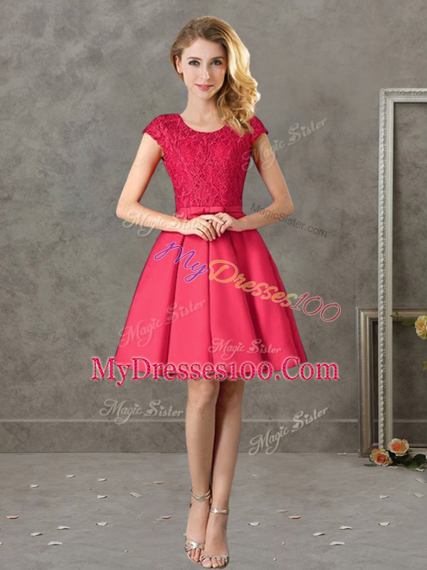 Red Satin Zipper Bridesmaid Dress Short Sleeves Mini Length Lace