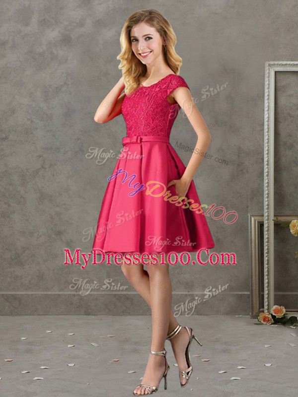 Red Satin Zipper Bridesmaid Dress Short Sleeves Mini Length Lace