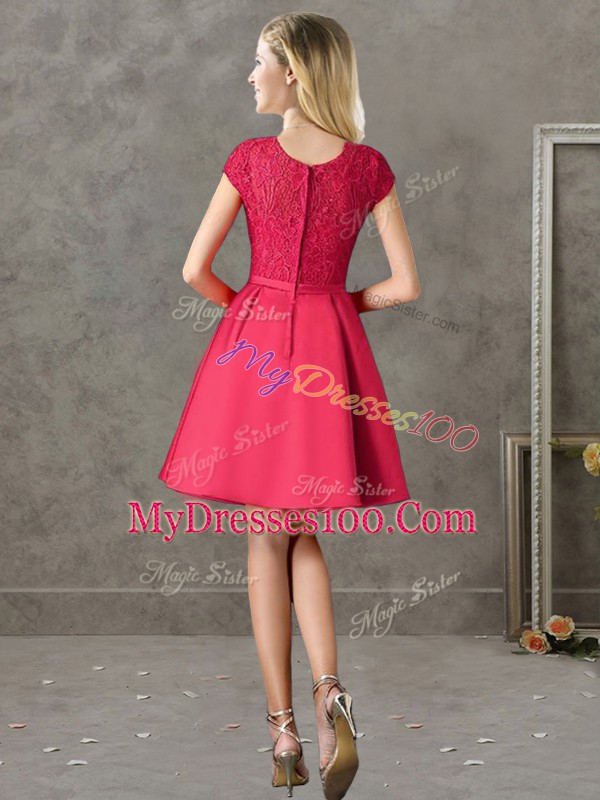 Red Satin Zipper Bridesmaid Dress Short Sleeves Mini Length Lace
