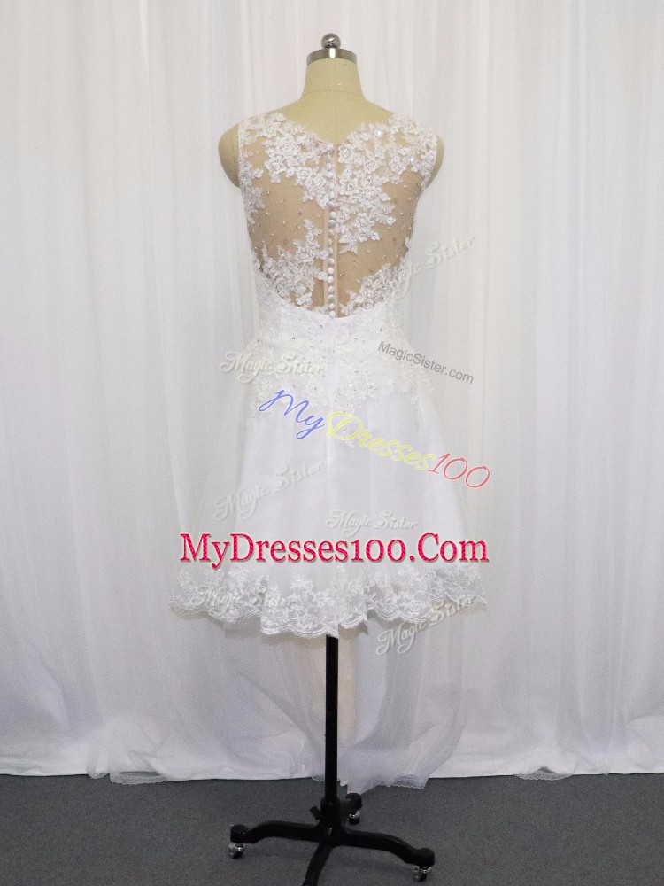 Customized White Sleeveless Beading and Lace Mini Length Wedding Gown
