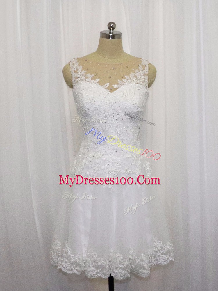 Customized White Sleeveless Beading and Lace Mini Length Wedding Gown