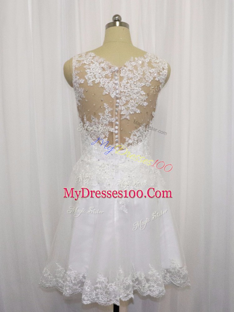 Customized White Sleeveless Beading and Lace Mini Length Wedding Gown