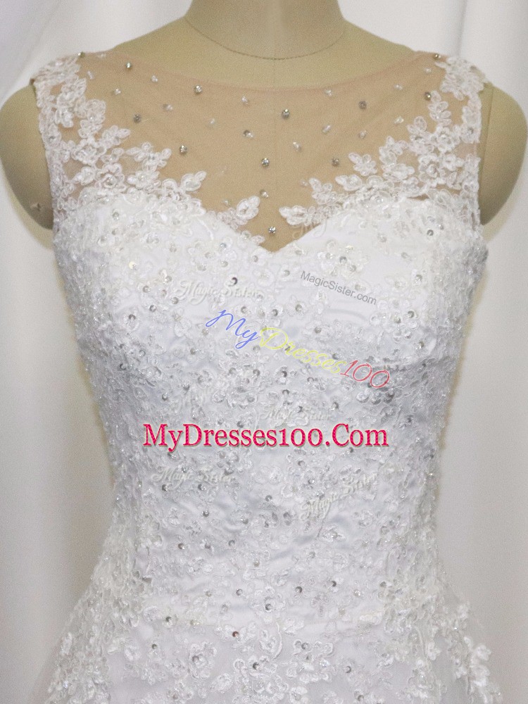 Customized White Sleeveless Beading and Lace Mini Length Wedding Gown