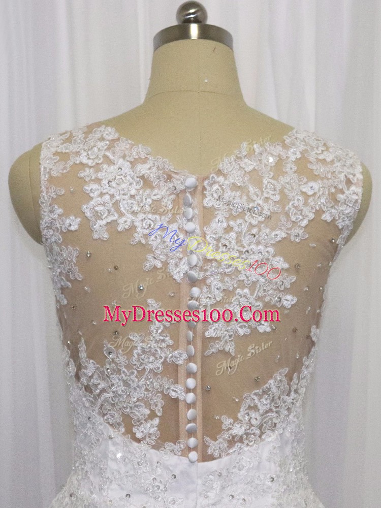 Customized White Sleeveless Beading and Lace Mini Length Wedding Gown