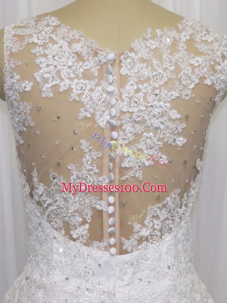 Customized White Sleeveless Beading and Lace Mini Length Wedding Gown
