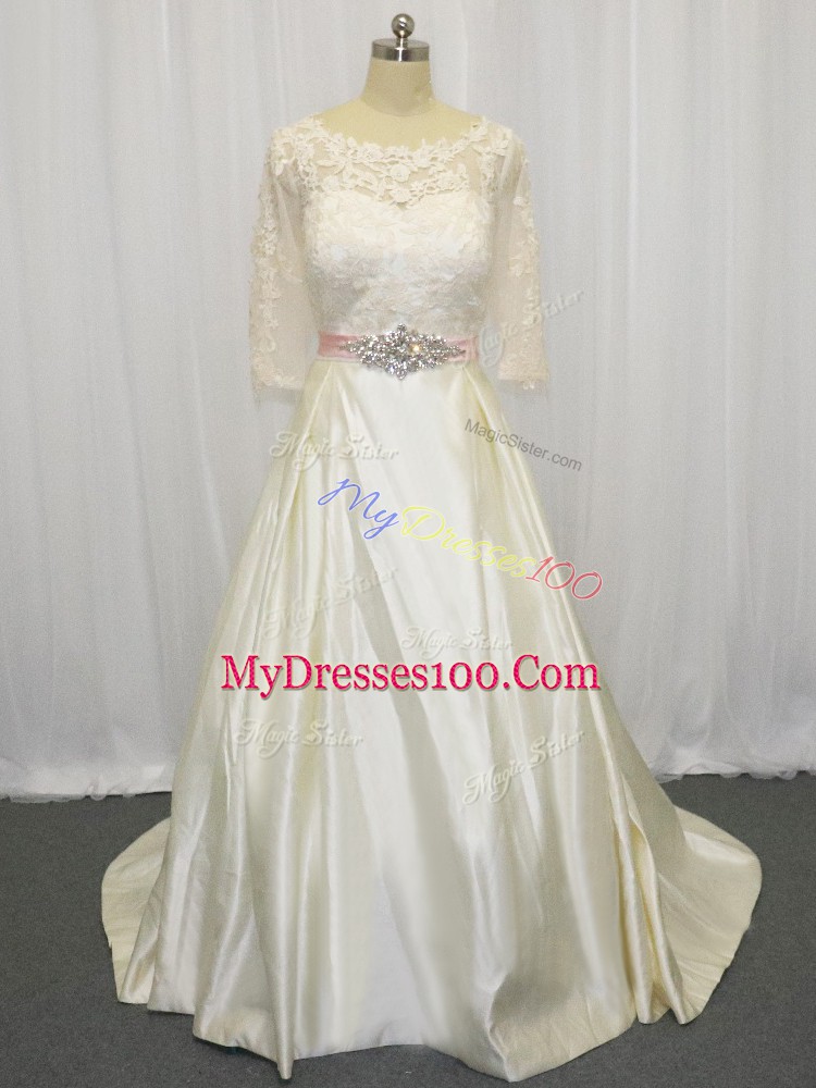 Superior Zipper Bridal Gown White for Wedding Party with Beading and Lace Brush Train