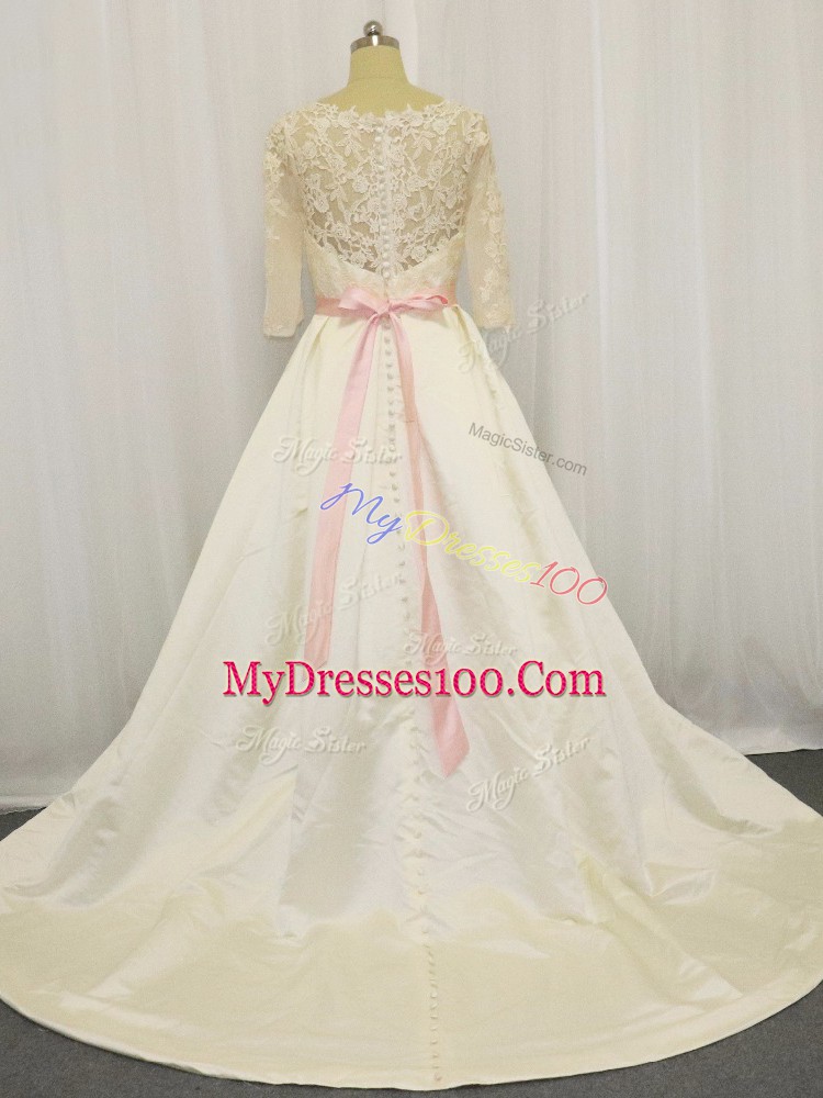 Superior Zipper Bridal Gown White for Wedding Party with Beading and Lace Brush Train