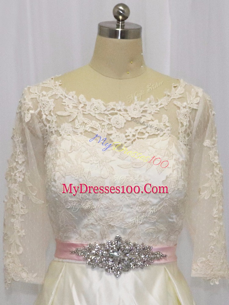 Superior Zipper Bridal Gown White for Wedding Party with Beading and Lace Brush Train