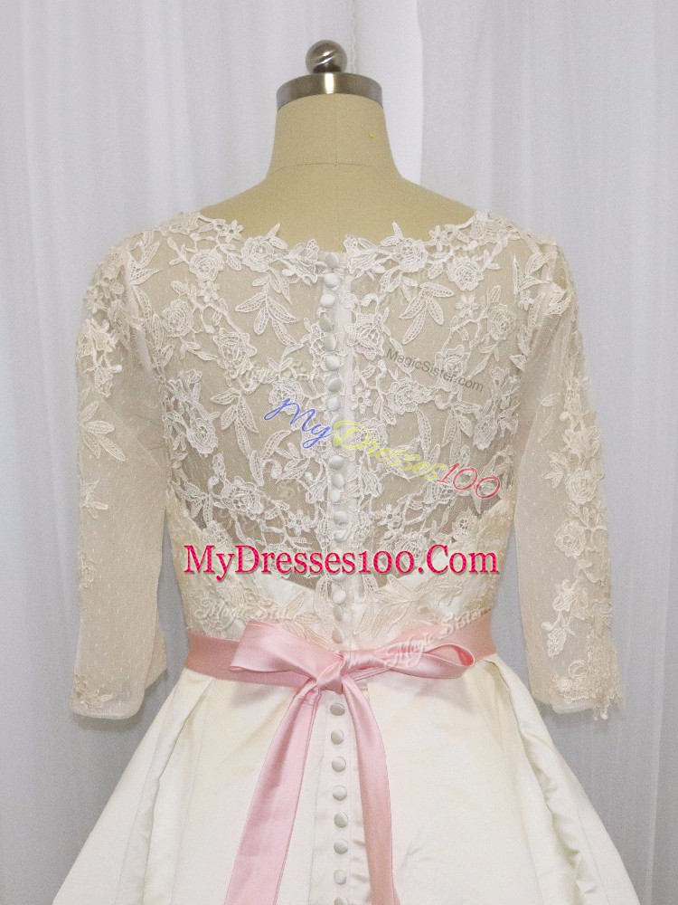 Superior Zipper Bridal Gown White for Wedding Party with Beading and Lace Brush Train