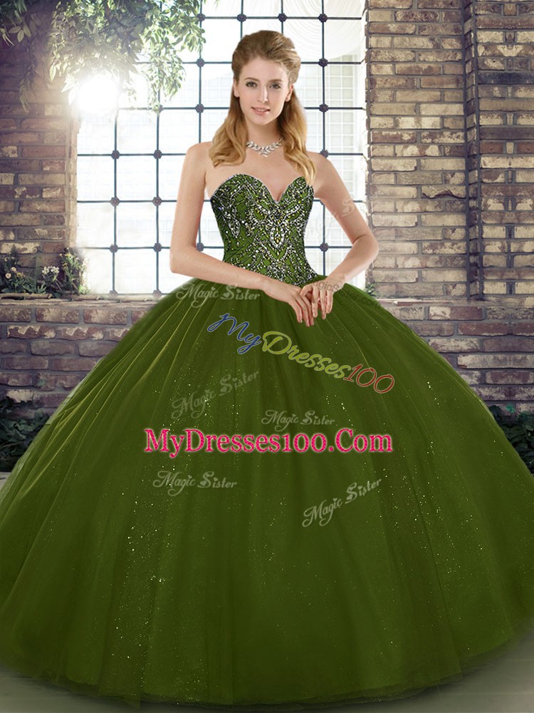 Olive Green Quinceanera Gown Military Ball and Sweet 16 and Quinceanera with Beading Sweetheart Sleeveless Lace Up