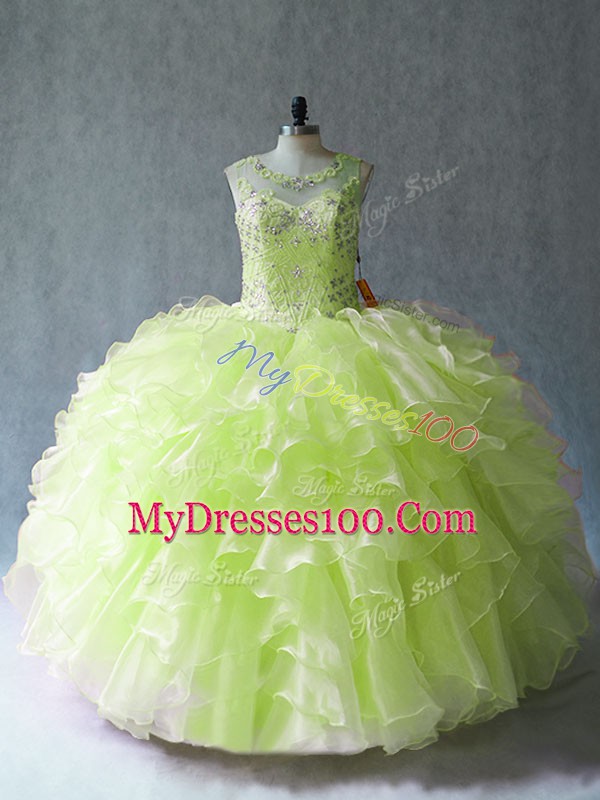 Great Organza Scoop Sleeveless Lace Up Beading and Ruffles Quinceanera Dresses in Yellow Green
