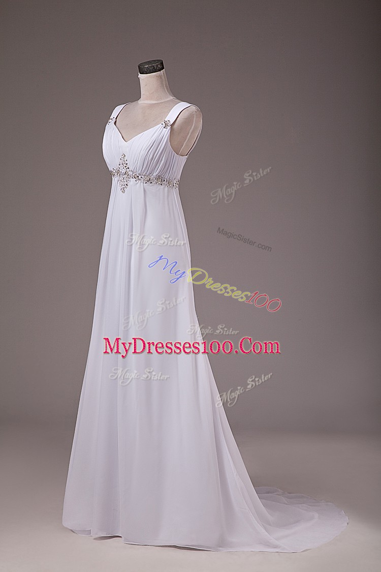 Wonderful Lace Up Wedding Dresses White for Wedding Party with Beading Brush Train