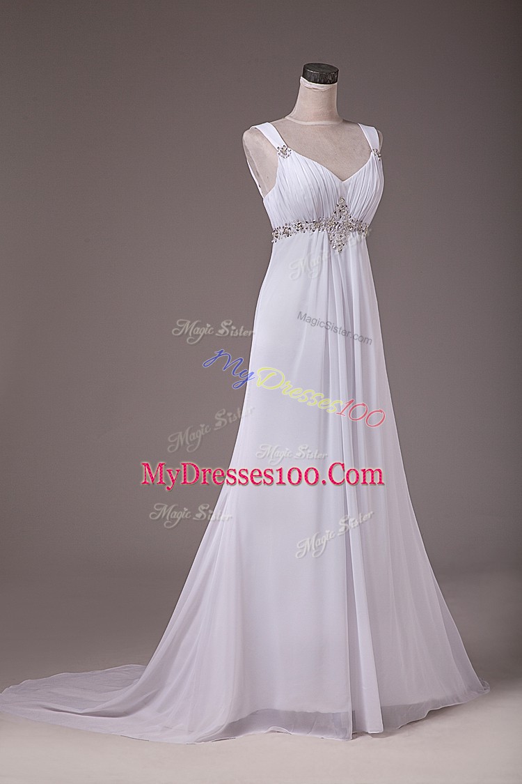 Wonderful Lace Up Wedding Dresses White for Wedding Party with Beading Brush Train